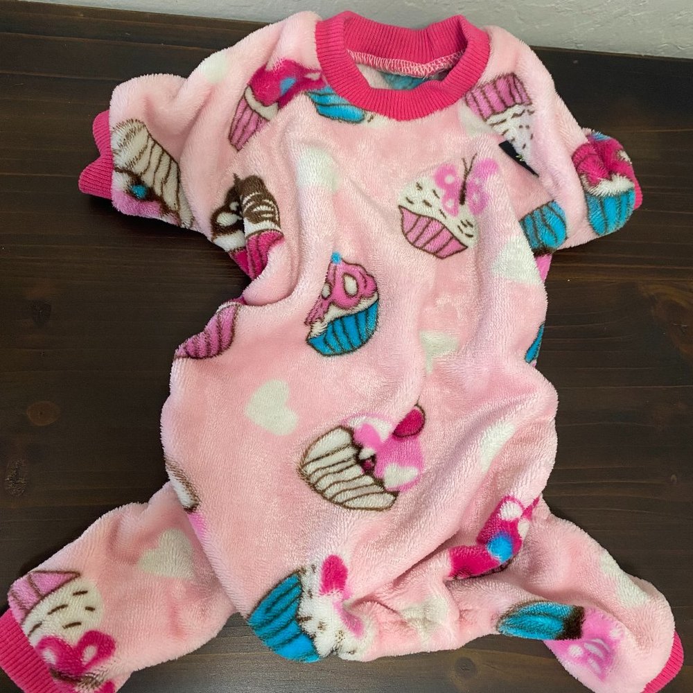 FitWarm Pink Cupcake Fuzzy Dog Pajamas Size S